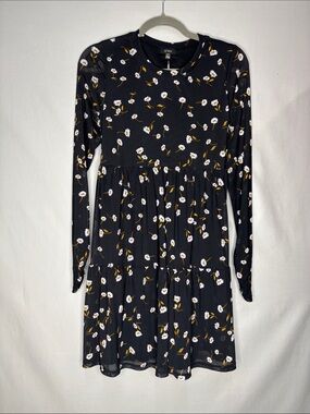 AFRM Black Long-Sleeve Tiered Dress with White & Mustard Floral Print